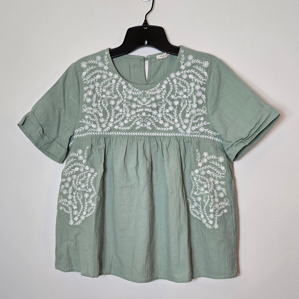 Tea N Rose Sage Green Floral Embroidered Cotton Gauze Babydoll Blouse IT83131 S